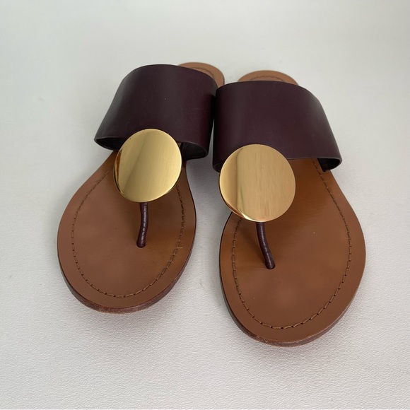 Tory Burch Patos DisK Flat Sandal Slip On Thong Leather Brown Goldtone Open Toe - Picture 6 of 12